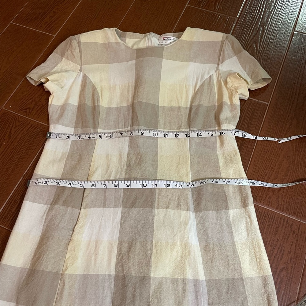 Talbots Petites tan yellow cream Short Sleeve Vintage Dress sz 12P linen pockets - Picture 8 of 13